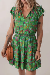 Floral Tie Split Neck Frilly Ruffle Trim Tiered Short Dress Dark Green OutfitFlow